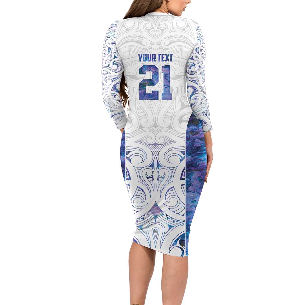 Custom New Zealand Aotearoa Long Sleeve Bodycon Dress Purple Maori Paua Shell Indigenous - Polynesian Pride
