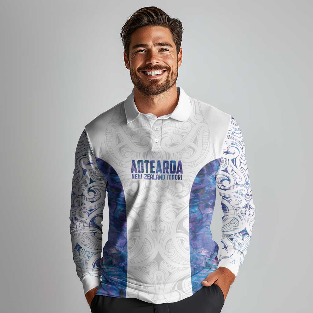 Custom New Zealand Aotearoa Long Sleeve Polo Shirt Purple Maori Paua Shell Indigenous - Polynesian Pride