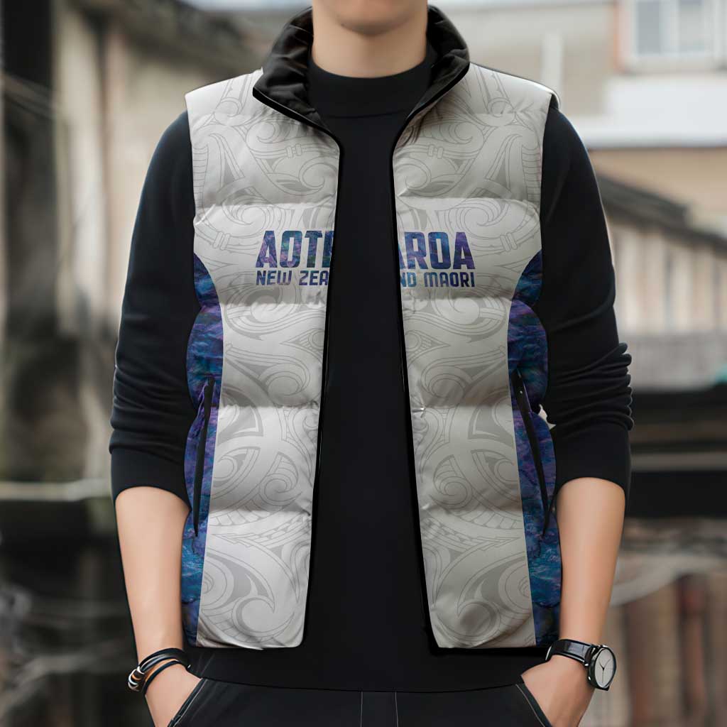 Custom New Zealand Aotearoa Sleeveless Puffer Jacket Purple Maori Paua Shell Indigenous - Polynesian Pride