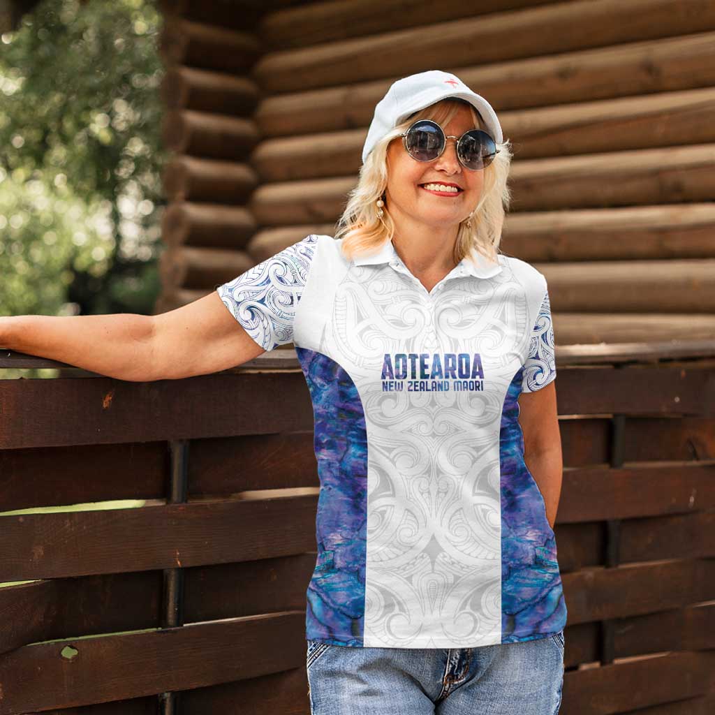 Custom New Zealand Aotearoa Women Polo Shirt Purple Maori Paua Shell Indigenous - Polynesian Pride