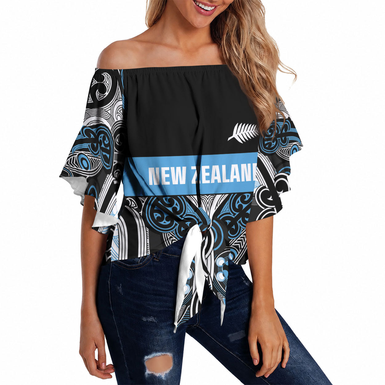 World Cricket Custom New Zealand Off Shoulder Wrap Waist Top Kia kaha nga Potae Pango