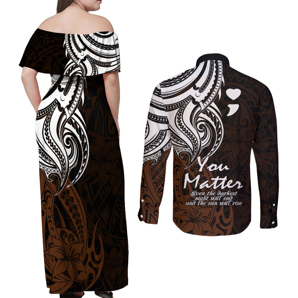 Your Matter Suicide Prevention Couples Matching Off Shoulder Maxi Dress and Long Sleeve Button Shirts Gold Polynesian Tribal LT9 - Polynesian Pride