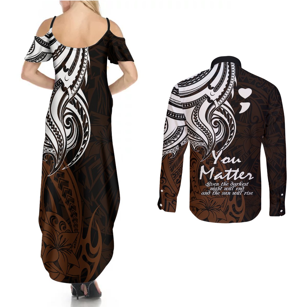 Your Matter Suicide Prevention Couples Matching Summer Maxi Dress and Long Sleeve Button Shirts Gold Polynesian Tribal LT9 - Polynesian Pride