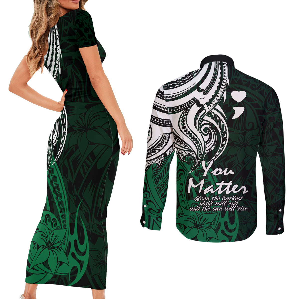 Your Matter Suicide Prevention Couples Matching Short Sleeve Bodycon Dress and Long Sleeve Button Shirts Green Polynesian Tribal LT9 - Polynesian Pride
