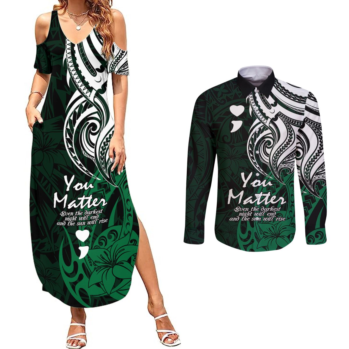 Your Matter Suicide Prevention Couples Matching Summer Maxi Dress and Long Sleeve Button Shirts Green Polynesian Tribal LT9 Green - Polynesian Pride
