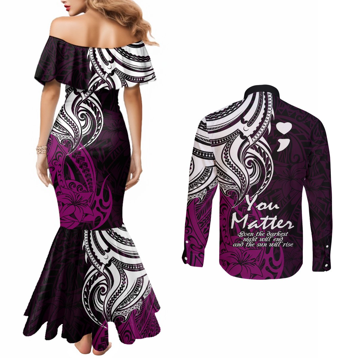 Your Matter Suicide Prevention Couples Matching Mermaid Dress and Long Sleeve Button Shirts Pink Polynesian Tribal LT9 - Polynesian Pride