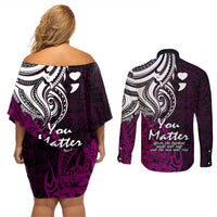 Your Matter Suicide Prevention Couples Matching Off Shoulder Short Dress and Long Sleeve Button Shirts Pink Polynesian Tribal LT9 - Polynesian Pride