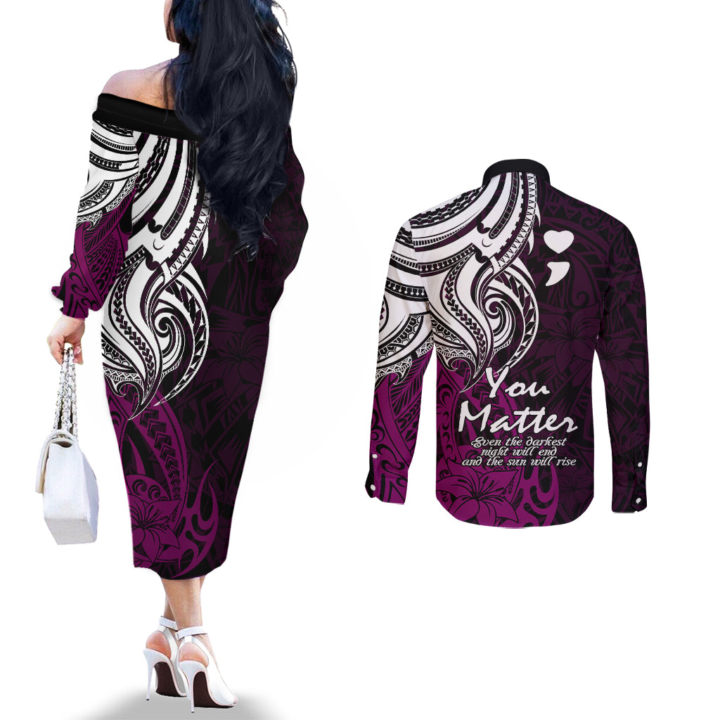 Your Matter Suicide Prevention Couples Matching Off The Shoulder Long Sleeve Dress and Long Sleeve Button Shirts Pink Polynesian Tribal LT9 - Polynesian Pride