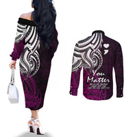 Your Matter Suicide Prevention Couples Matching Off The Shoulder Long Sleeve Dress and Long Sleeve Button Shirts Pink Polynesian Tribal LT9 - Polynesian Pride