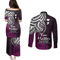 Your Matter Suicide Prevention Couples Matching Puletasi Dress and Long Sleeve Button Shirts Pink Polynesian Tribal LT9 - Polynesian Pride