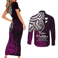 Your Matter Suicide Prevention Couples Matching Short Sleeve Bodycon Dress and Long Sleeve Button Shirts Pink Polynesian Tribal LT9 - Polynesian Pride