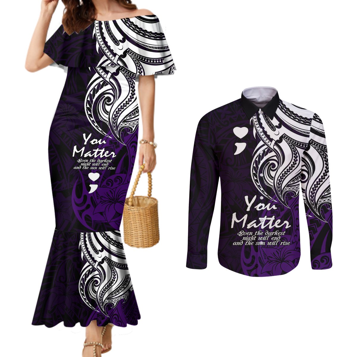 Your Matter Suicide Prevention Couples Matching Mermaid Dress and Long Sleeve Button Shirts Purple Polynesian Tribal LT9 Purple - Polynesian Pride