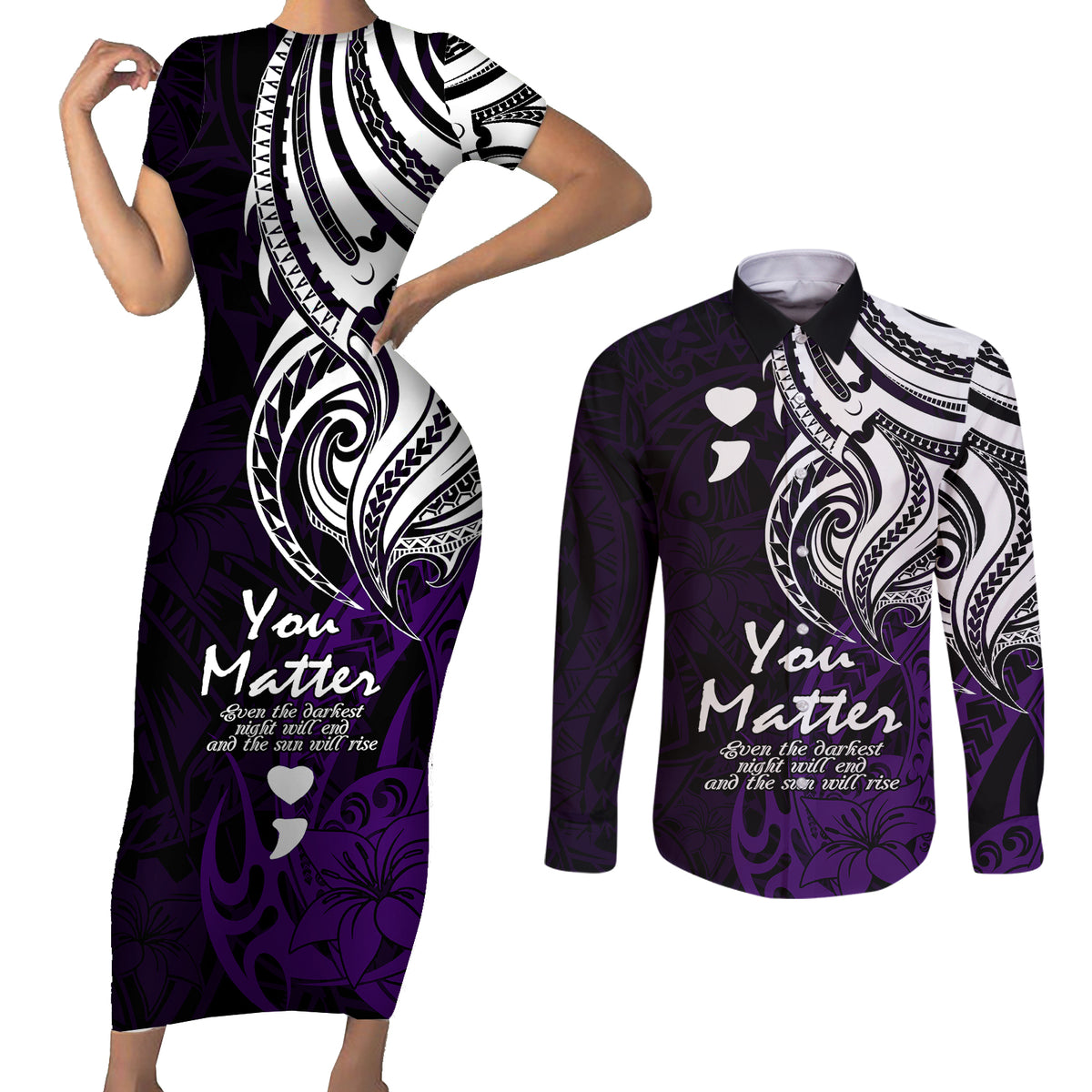Your Matter Suicide Prevention Couples Matching Short Sleeve Bodycon Dress and Long Sleeve Button Shirts Purple Polynesian Tribal LT9 Purple - Polynesian Pride