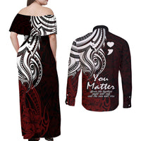 Your Matter Suicide Prevention Couples Matching Off Shoulder Maxi Dress and Long Sleeve Button Shirts Red Polynesian Tribal LT9 - Polynesian Pride