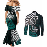 Your Matter Suicide Prevention Couples Matching Mermaid Dress and Long Sleeve Button Shirts Turqoise Polynesian Tribal LT9 - Polynesian Pride
