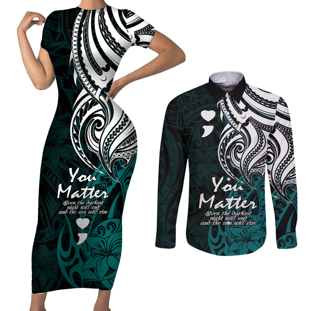 Your Matter Suicide Prevention Couples Matching Short Sleeve Bodycon Dress and Long Sleeve Button Shirts Turqoise Polynesian Tribal LT9 Turquoise - Polynesian Pride
