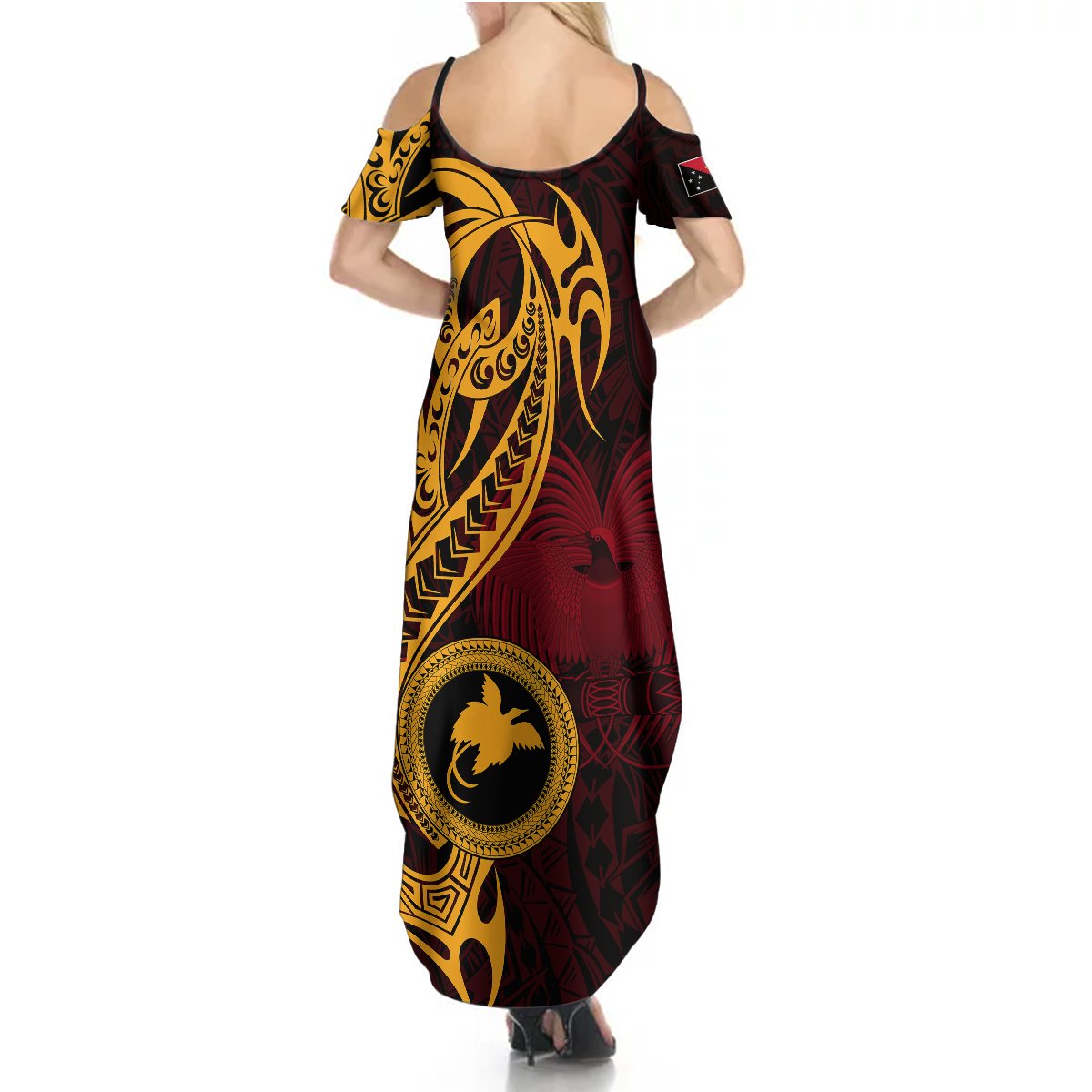 Papua New Guinea Island Summer Maxi Dress Bird of Paradise with Gold Polynesian Tribal LT9 - Polynesian Pride