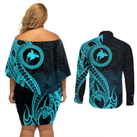 Papua New Guinea Island Couples Matching Off Shoulder Short Dress and Long Sleeve Button Shirts Bird of Paradise with Aqua Polynesian Tribal LT9 - Polynesian Pride