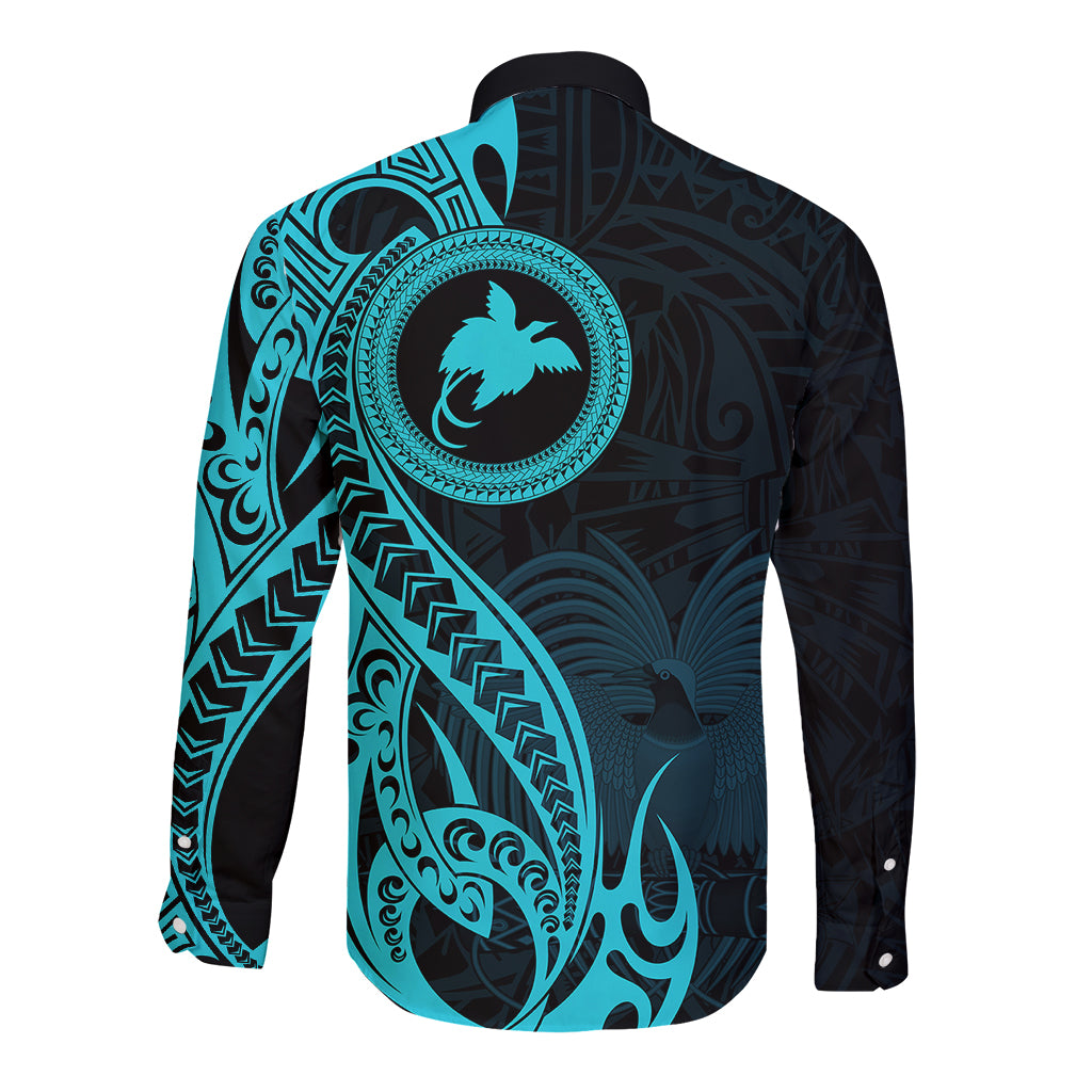 Papua New Guinea Island Long Sleeve Button Shirt Bird of Paradise with Aqua Polynesian Tribal LT9 - Polynesian Pride