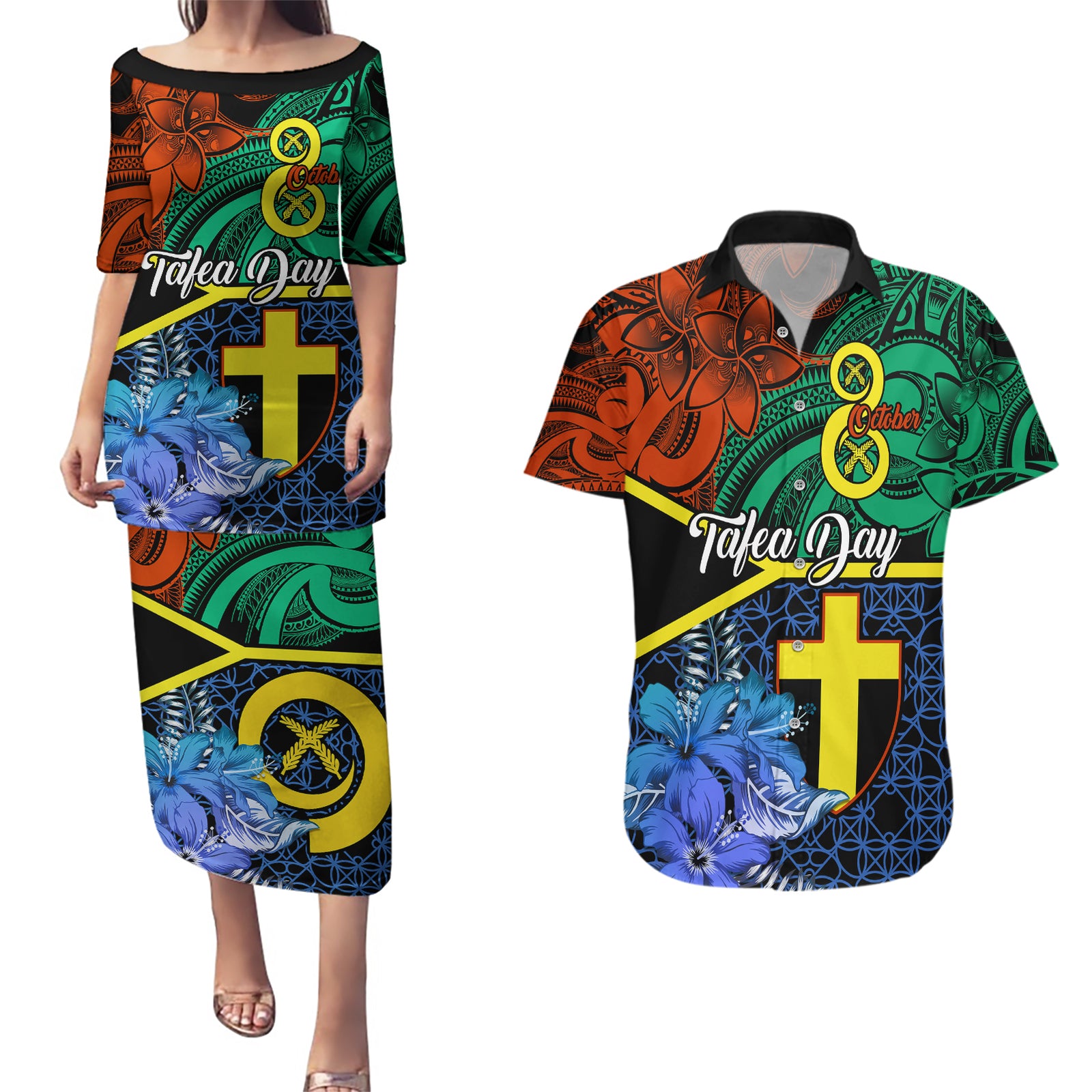 tafea-day-couples-matching-puletasi-dress-and-hawaiian-shirt-vanuatu-sand-drawing-with-polynesian-pattern