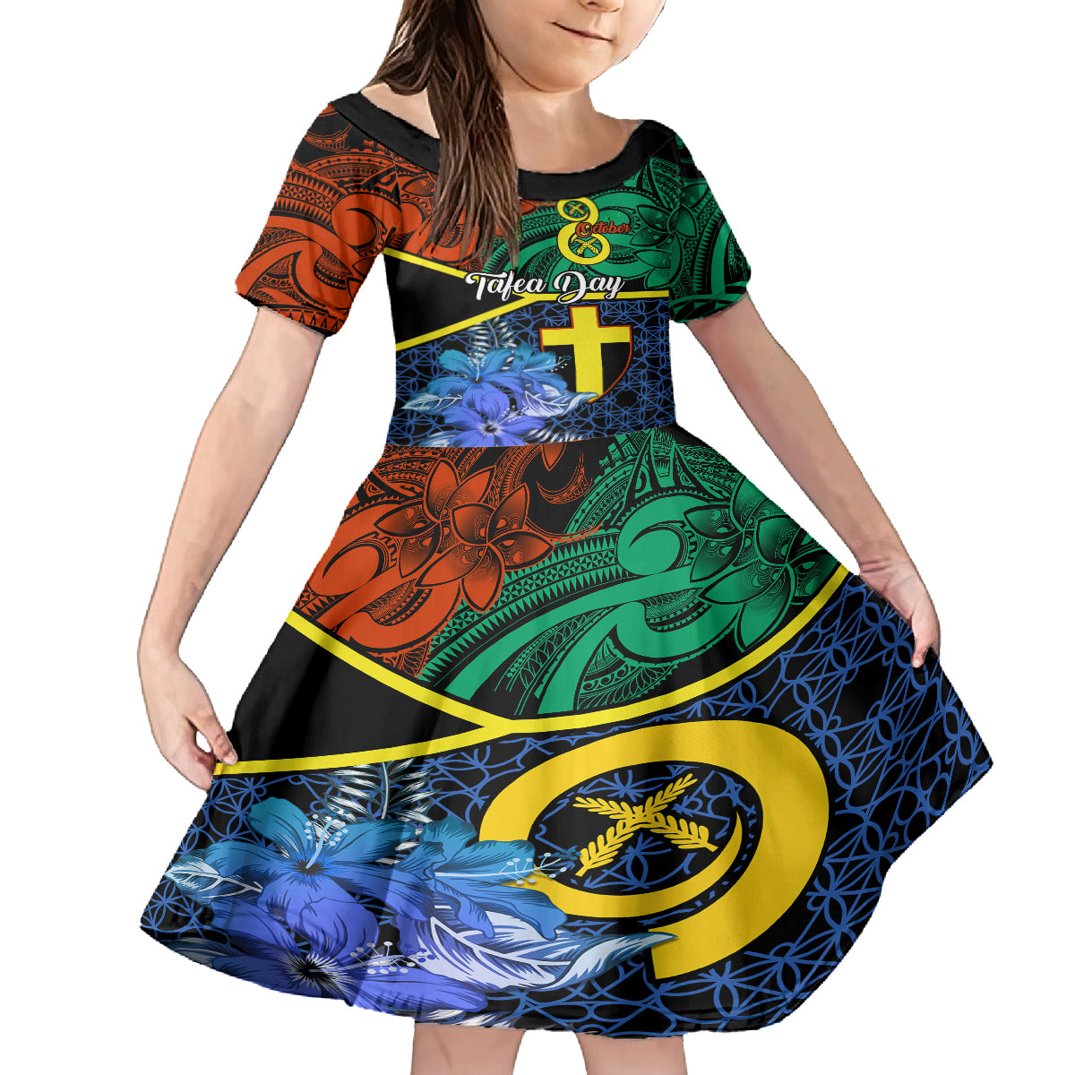 tafea-day-kid-short-sleeve-dress-vanuatu-sand-drawing-with-polynesian-pattern
