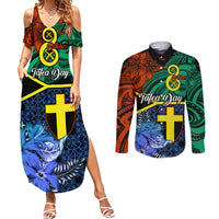 personalised-tafea-day-couples-matching-summer-maxi-dress-and-long-sleeve-button-shirts-vanuatu-sand-drawing-with-polynesian-pattern