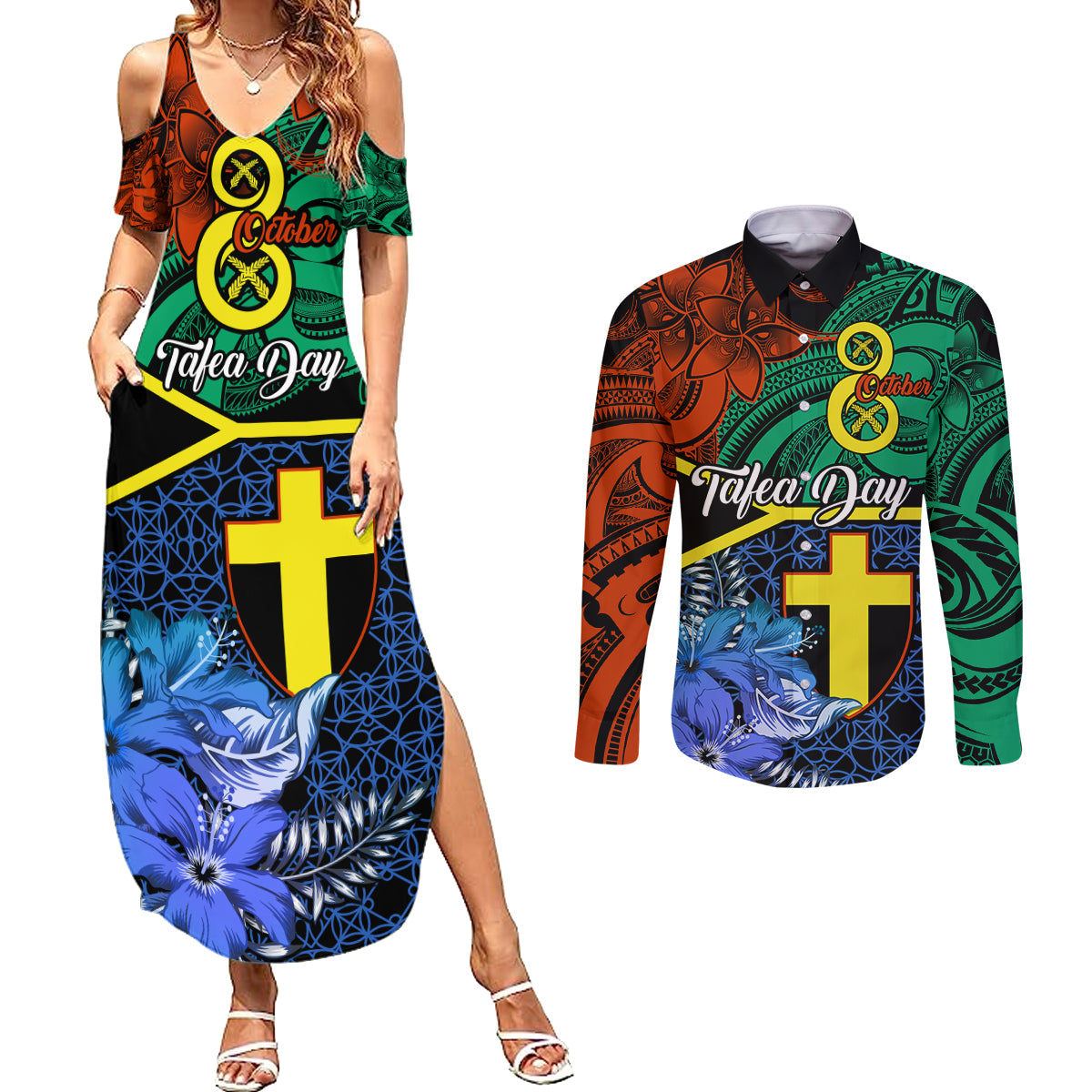 personalised-tafea-day-couples-matching-summer-maxi-dress-and-long-sleeve-button-shirts-vanuatu-sand-drawing-with-polynesian-pattern