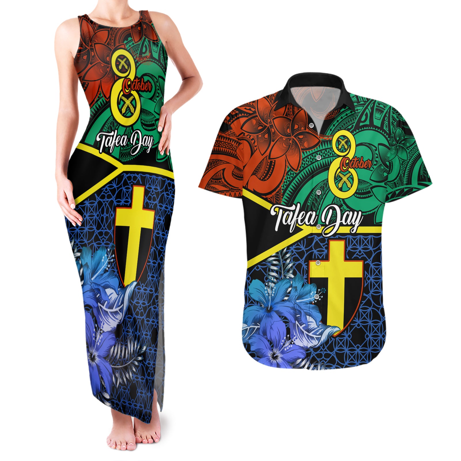 personalised-tafea-day-couples-matching-tank-maxi-dress-and-hawaiian-shirt-vanuatu-sand-drawing-with-polynesian-pattern