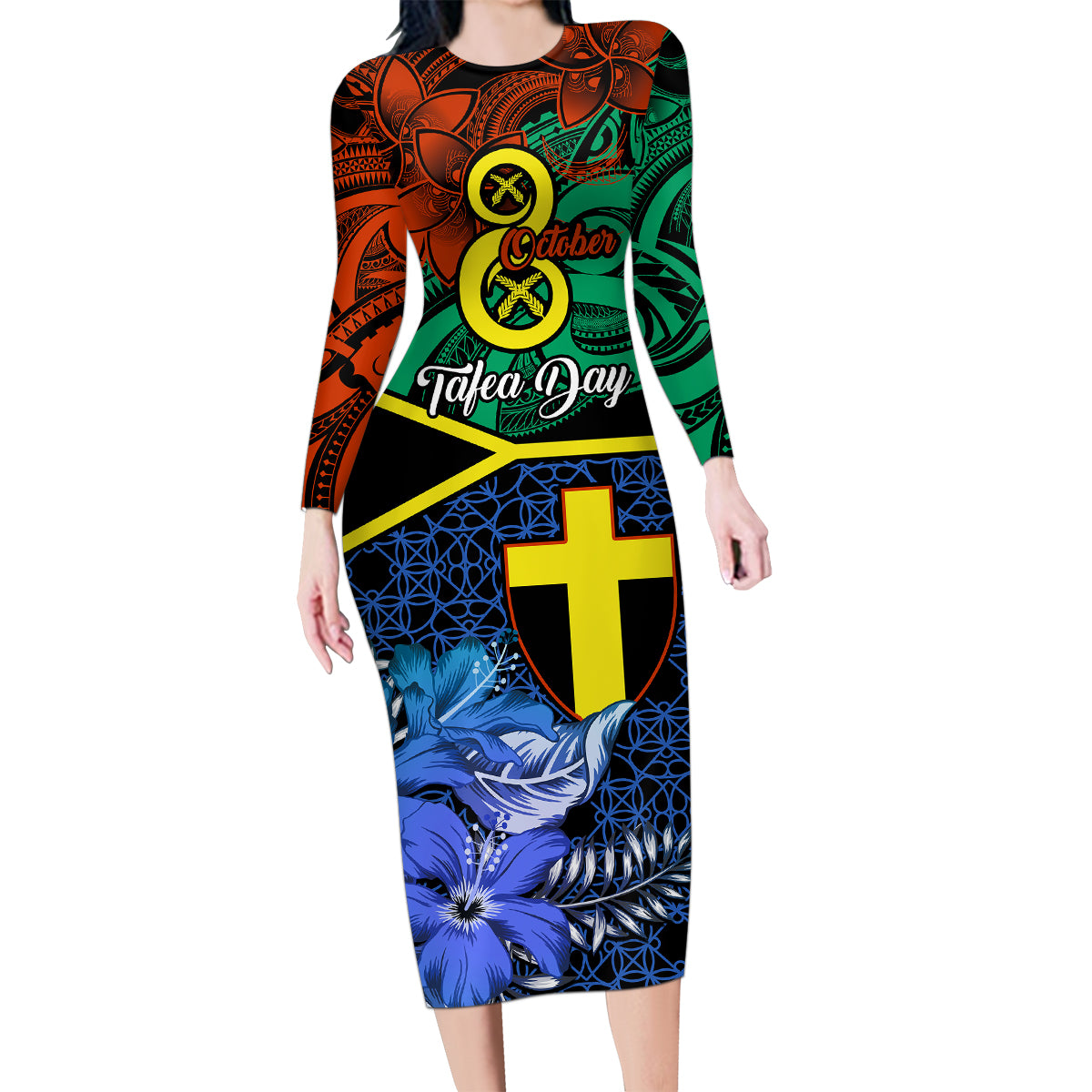 personalised-tafea-day-family-matching-long-sleeve-bodycon-dress-and-hawaiian-shirt-vanuatu-sand-drawing-with-polynesian-pattern