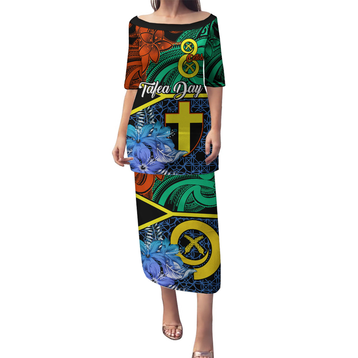 Personalised Tafea Day Family Matching Puletasi Dress and Hawaiian Shirt Vanuatu Sand Drawing With Polynesian Pattern LT9 Mom's Dress Blue - Polynesian Pride