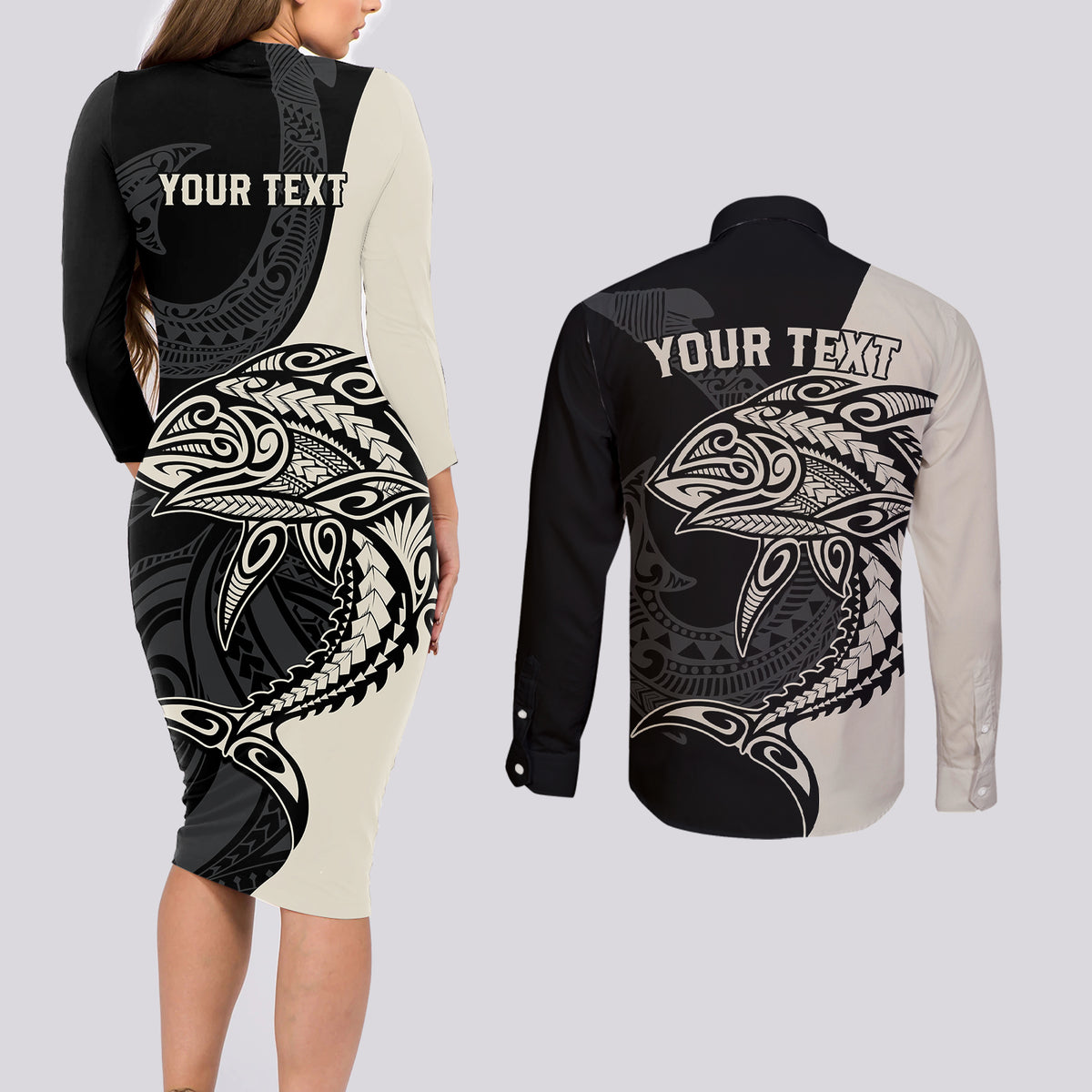 personalised-polynesia-fishing-couples-matching-long-sleeve-bodycon-dress-and-long-sleeve-button-shirts-with-maori-hei-matau-fish-hook-gold-art
