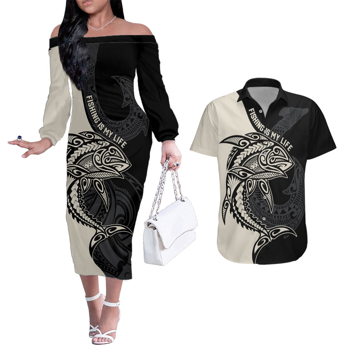 Personalised Polynesia Fishing Couples Matching Off The Shoulder Long Sleeve Dress and Hawaiian Shirt With Maori Hei Matau Fish Hook Gold Art LT9 Gold - Polynesian Pride