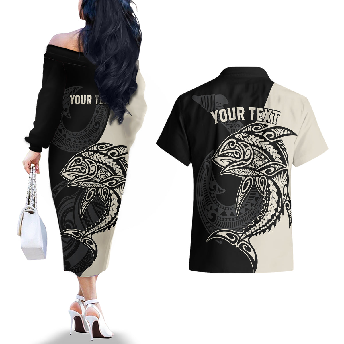 Personalised Polynesia Fishing Couples Matching Off The Shoulder Long Sleeve Dress and Hawaiian Shirt With Maori Hei Matau Fish Hook Gold Art LT9 - Polynesian Pride