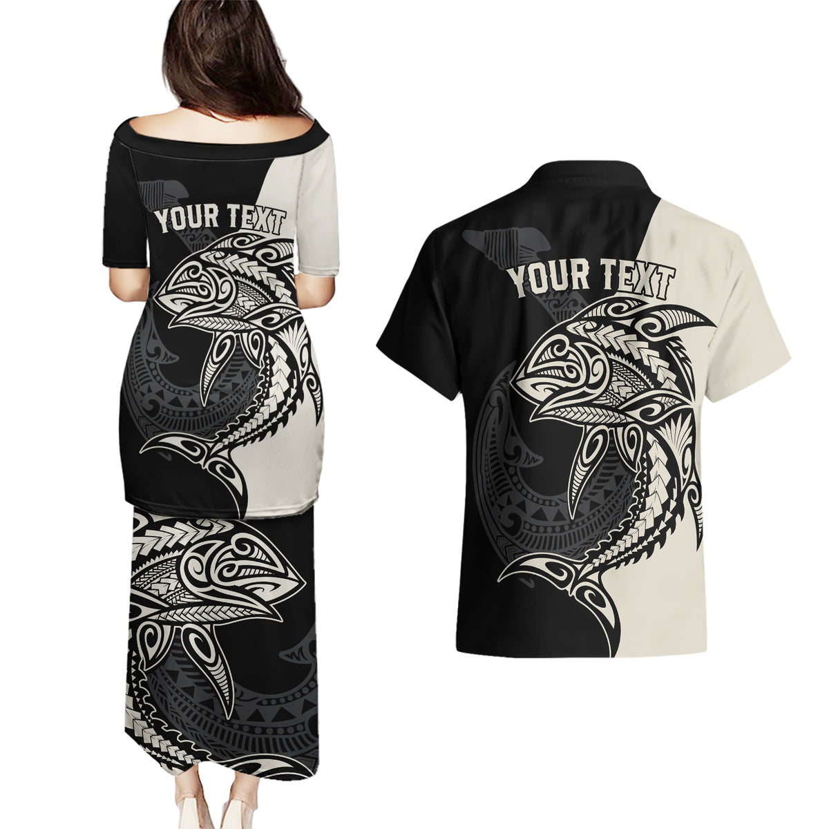 Personalised Polynesia Fishing Couples Matching Puletasi Dress and Hawaiian Shirt With Maori Hei Matau Fish Hook Gold Art LT9 - Polynesian Pride