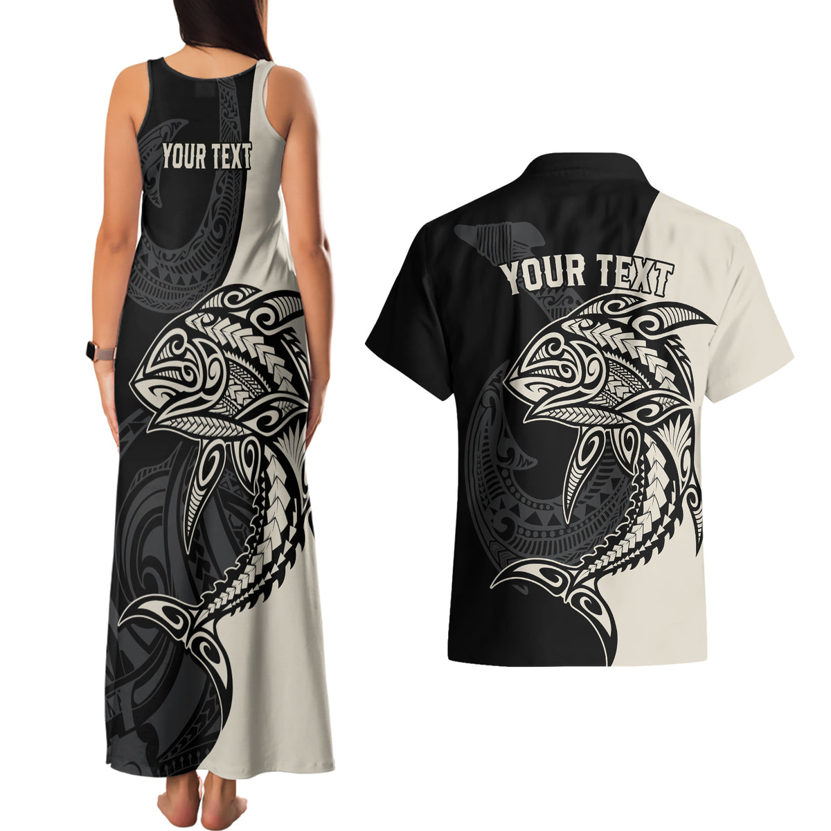 Personalised Polynesia Fishing Couples Matching Tank Maxi Dress and Hawaiian Shirt With Maori Hei Matau Fish Hook Gold Art LT9 - Polynesian Pride