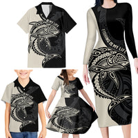 Personalised Polynesia Fishing Family Matching Long Sleeve Bodycon Dress and Hawaiian Shirt With Maori Hei Matau Fish Hook Gold Art LT9 - Polynesian Pride