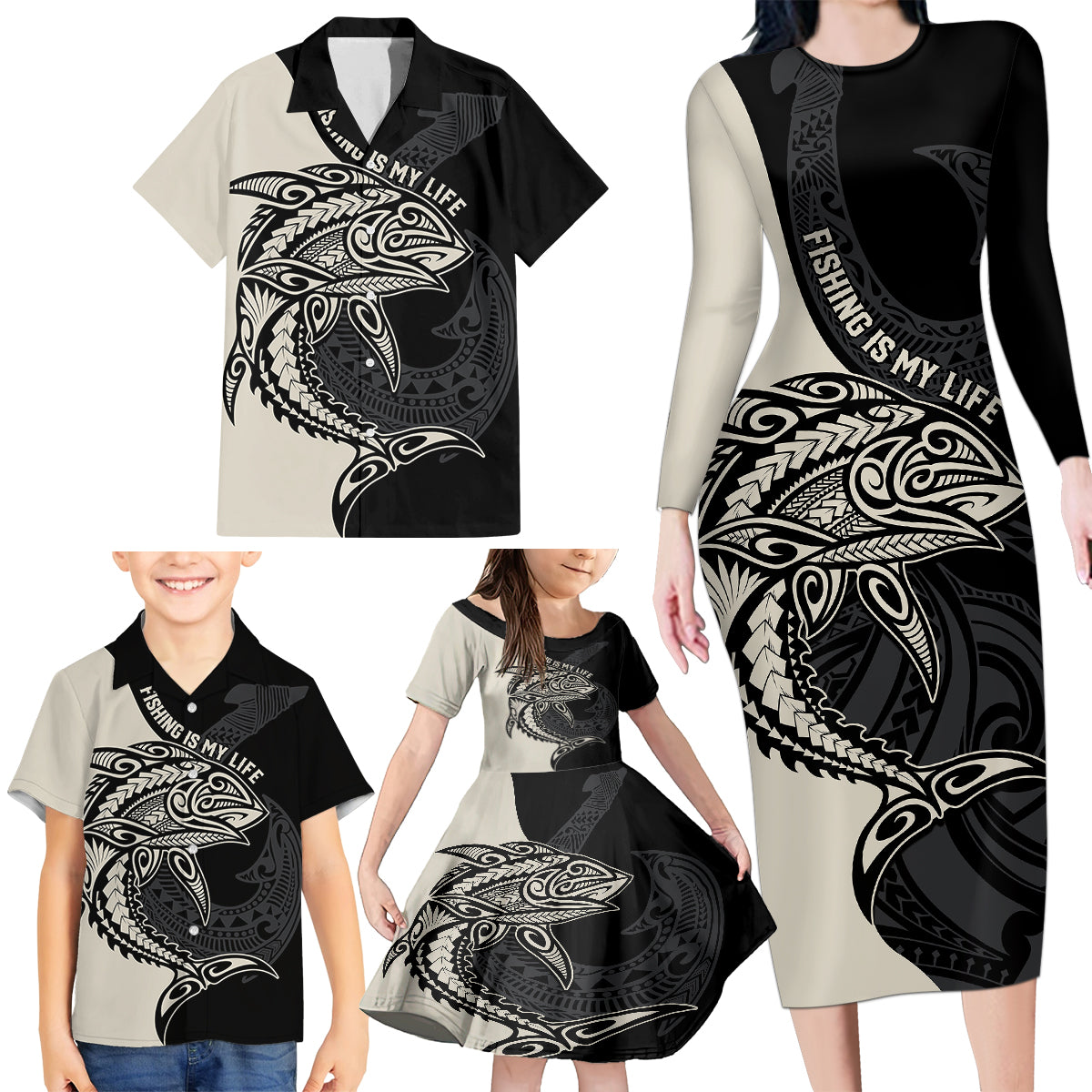 Personalised Polynesia Fishing Family Matching Long Sleeve Bodycon Dress and Hawaiian Shirt With Maori Hei Matau Fish Hook Gold Art LT9 - Polynesian Pride