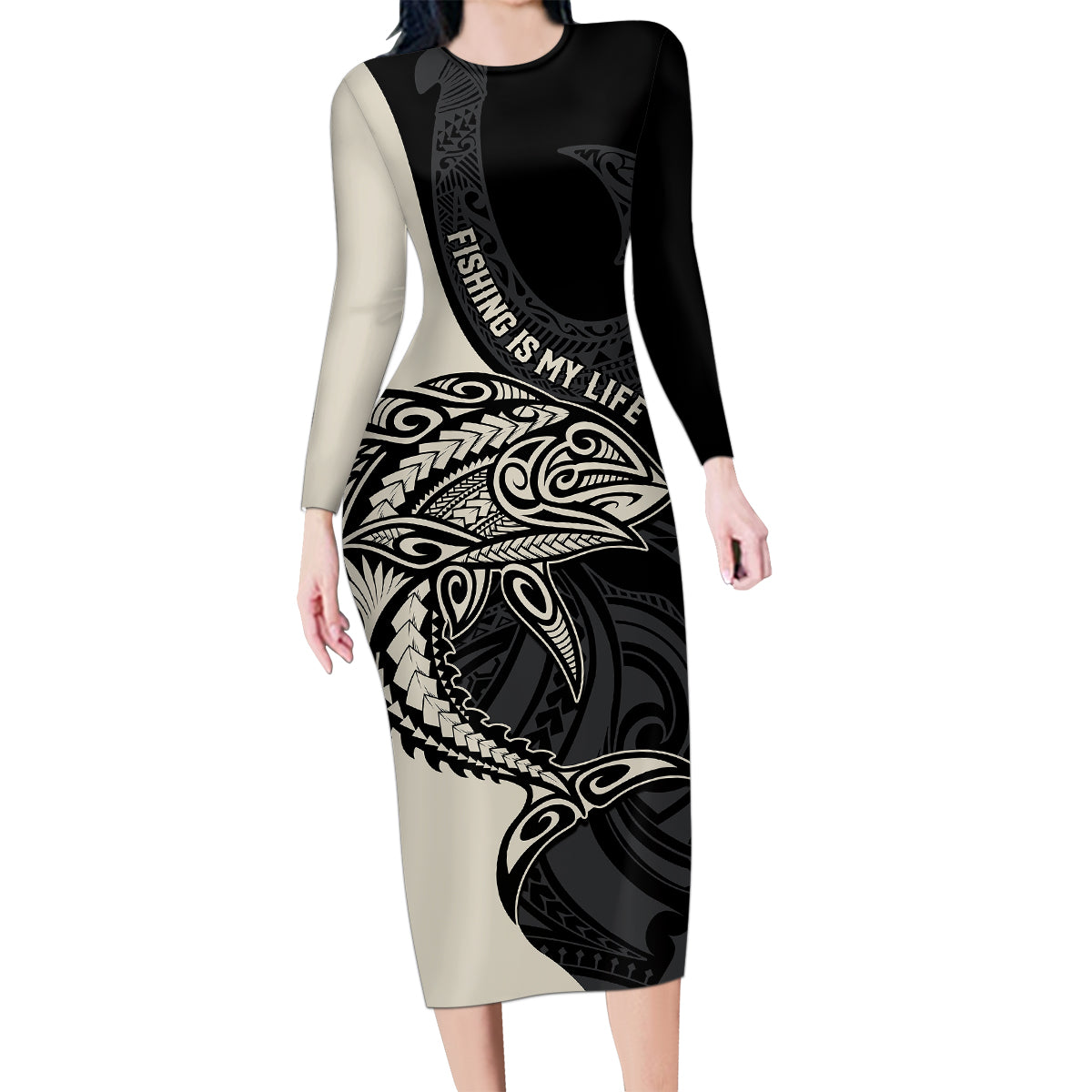 Personalised Polynesia Fishing Family Matching Long Sleeve Bodycon Dress and Hawaiian Shirt With Maori Hei Matau Fish Hook Gold Art LT9 Mom's Dress Gold - Polynesian Pride