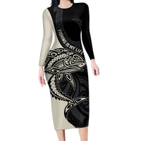 Personalised Polynesia Fishing Family Matching Long Sleeve Bodycon Dress and Hawaiian Shirt With Maori Hei Matau Fish Hook Gold Art LT9 Mom's Dress Gold - Polynesian Pride