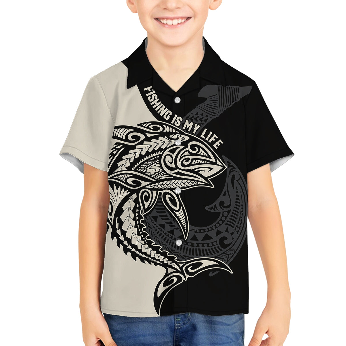 Personalised Polynesia Fishing Family Matching Long Sleeve Bodycon Dress and Hawaiian Shirt With Maori Hei Matau Fish Hook Gold Art LT9 Son's Shirt Gold - Polynesian Pride
