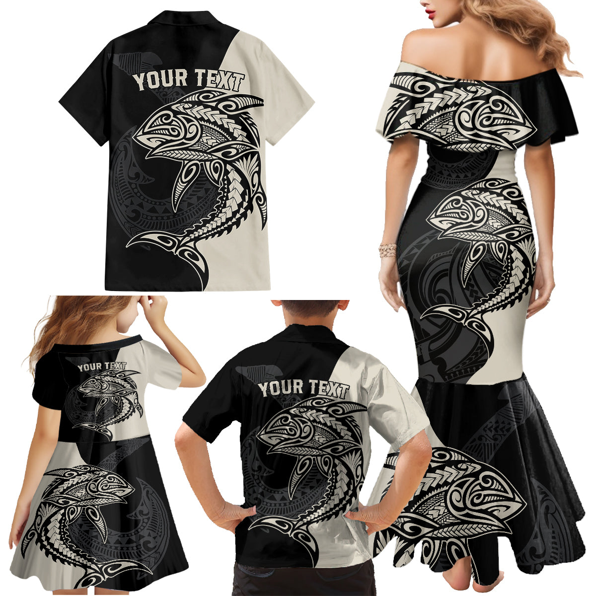 Personalised Polynesia Fishing Family Matching Mermaid Dress and Hawaiian Shirt With Maori Hei Matau Fish Hook Gold Art LT9 - Polynesian Pride