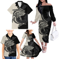 Personalised Polynesia Fishing Family Matching Off Shoulder Long Sleeve Dress and Hawaiian Shirt With Maori Hei Matau Fish Hook Gold Art LT9 - Polynesian Pride