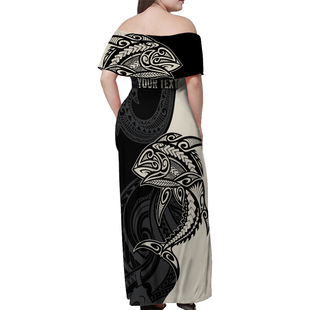 Personalised Polynesia Fishing Family Matching Off Shoulder Maxi Dress and Hawaiian Shirt With Maori Hei Matau Fish Hook Gold Art LT9 - Polynesian Pride