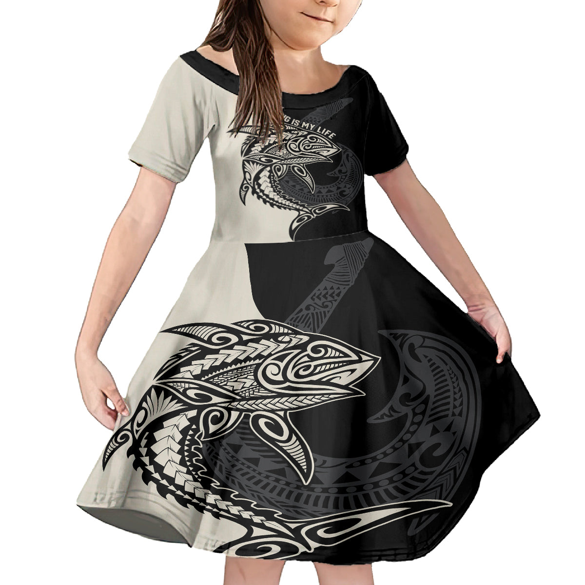 Personalised Polynesia Fishing Family Matching Off Shoulder Short Dress and Hawaiian Shirt With Maori Hei Matau Fish Hook Gold Art LT9 Daughter's Dress Gold - Polynesian Pride