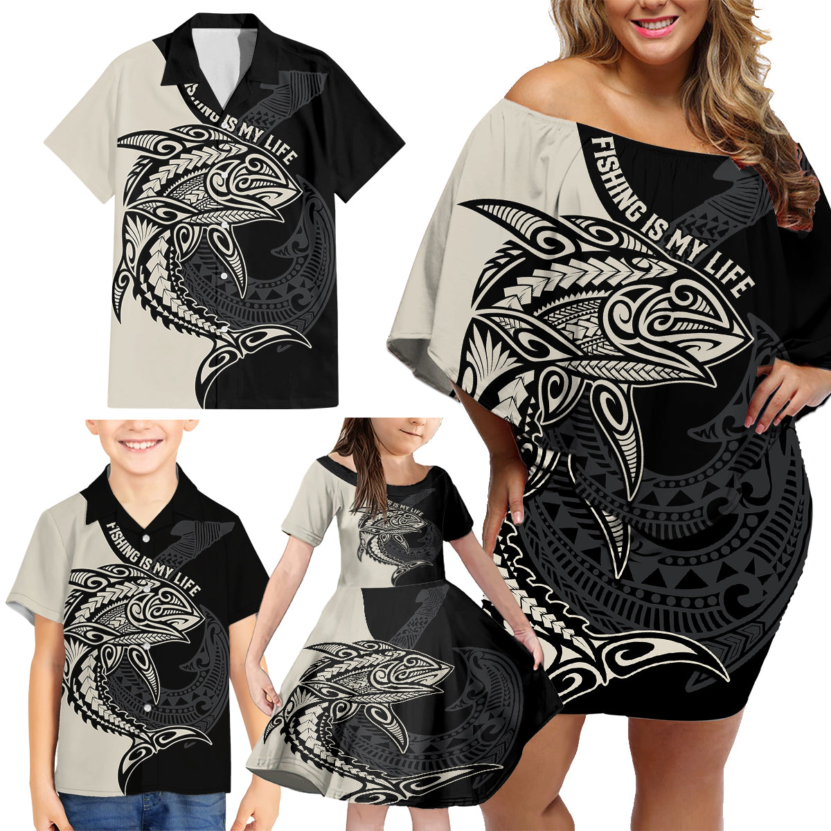 Personalised Polynesia Fishing Family Matching Off Shoulder Short Dress and Hawaiian Shirt With Maori Hei Matau Fish Hook Gold Art LT9 - Polynesian Pride