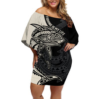 Personalised Polynesia Fishing Family Matching Off Shoulder Short Dress and Hawaiian Shirt With Maori Hei Matau Fish Hook Gold Art LT9 Mom's Dress Gold - Polynesian Pride