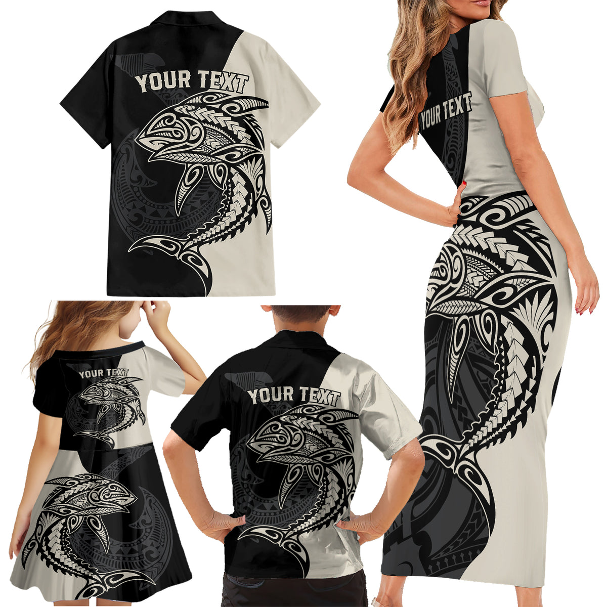 Personalised Polynesia Fishing Family Matching Short Sleeve Bodycon Dress and Hawaiian Shirt With Maori Hei Matau Fish Hook Gold Art LT9 - Polynesian Pride