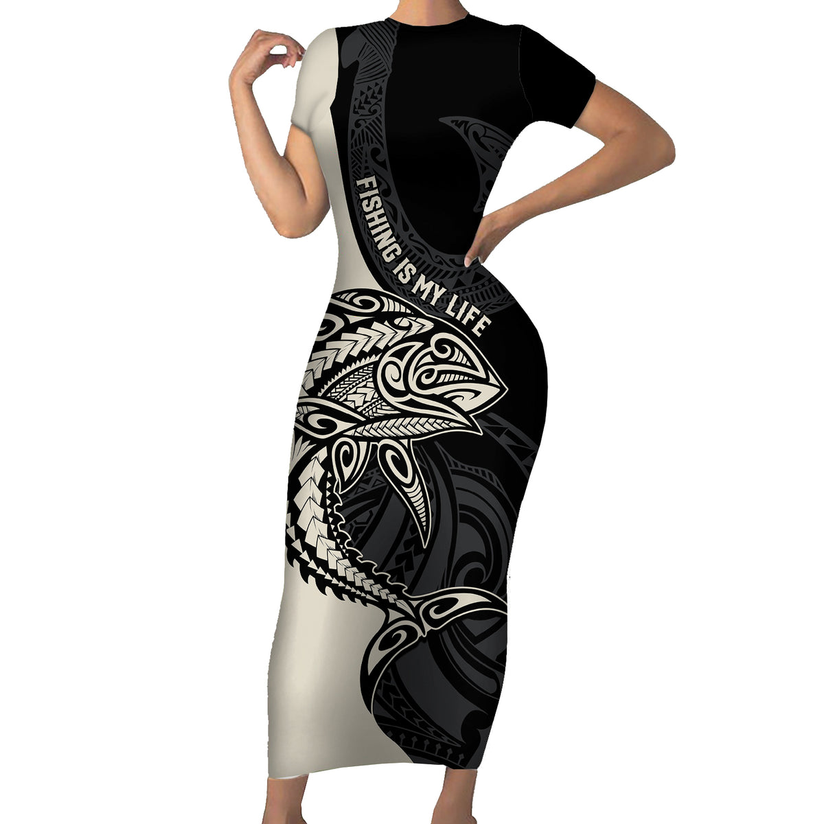 Personalised Polynesia Fishing Family Matching Short Sleeve Bodycon Dress and Hawaiian Shirt With Maori Hei Matau Fish Hook Gold Art LT9 Mom's Dress Gold - Polynesian Pride