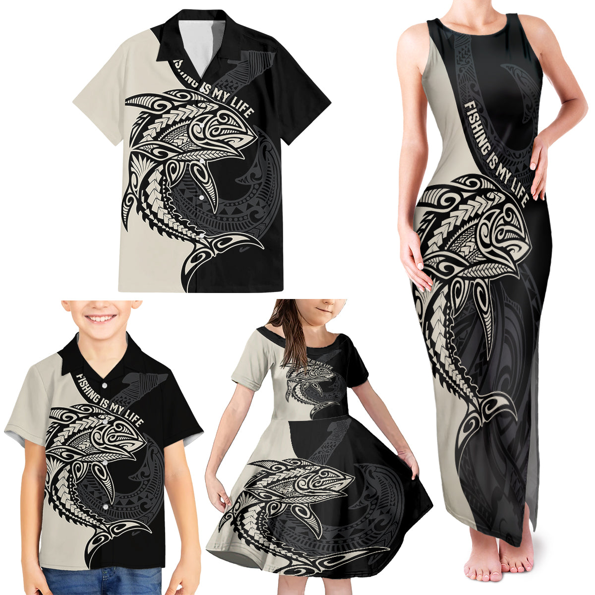 Personalised Polynesia Fishing Family Matching Tank Maxi Dress and Hawaiian Shirt With Maori Hei Matau Fish Hook Gold Art LT9 - Polynesian Pride