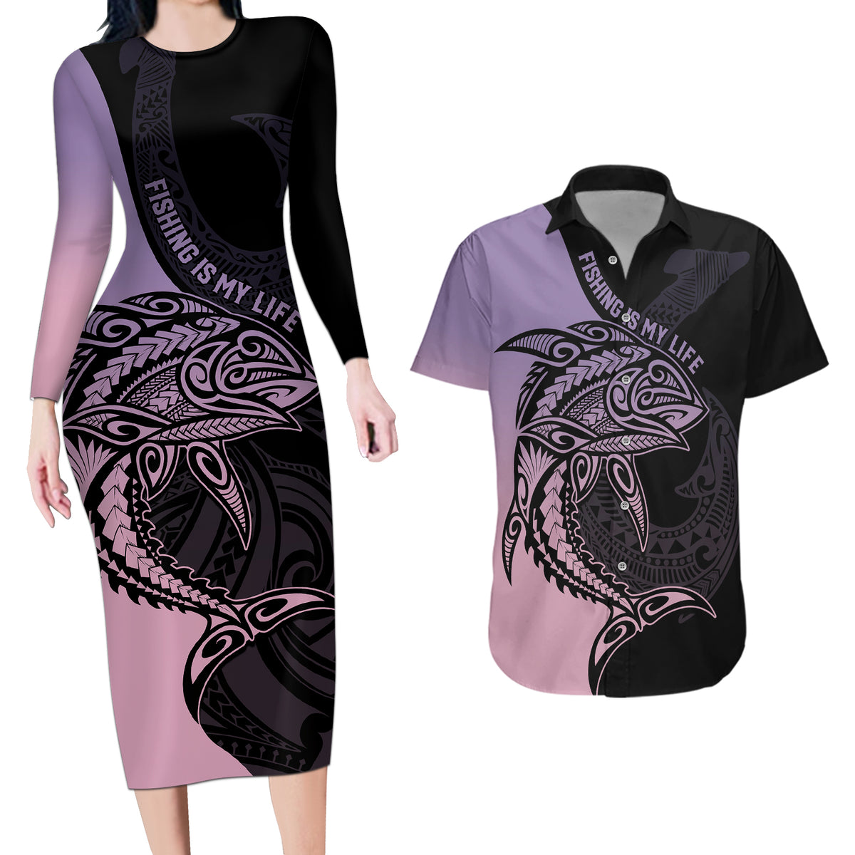 Personalised Polynesia Fishing Couples Matching Long Sleeve Bodycon Dress and Hawaiian Shirt With Maori Hei Matau Fish Hook Pastel Art LT9 Pastel - Polynesian Pride
